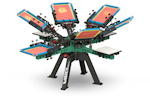 <b>V-2000HD-46-FSC</b><br>4 Station, 6 Color Screen Printing<br>Press shown with an optional<br>fixed side clamp print head